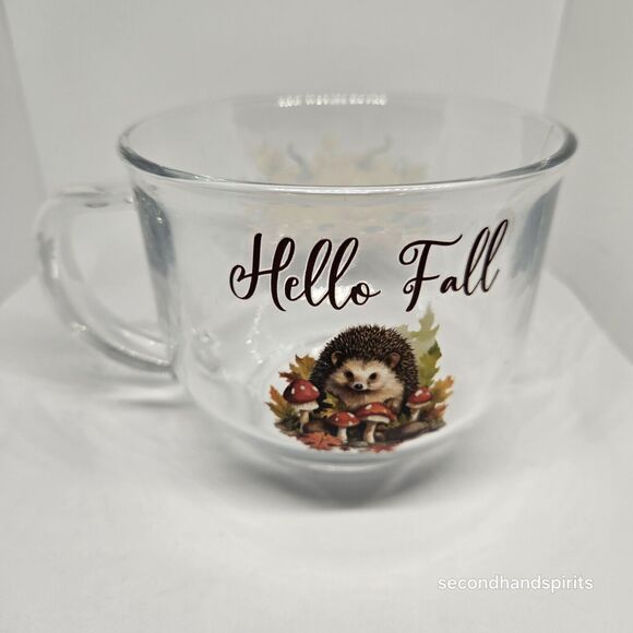 Hello Fall Pumpkins Hedgehog Mushrooms Clear Glass Mug - Picture 2 of 5